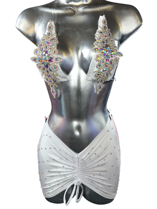 WHITE RHINESTONE AB SILVER SKIRT SET