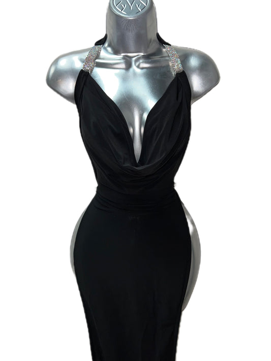 BLACK RHINESTONE DRAPE DRESS