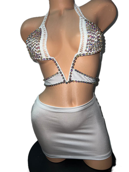 WHITE RHINESTONE BRA SKIRT SET