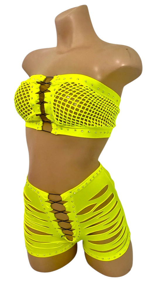 NEON YELLOW FISHNET SHORTS SET