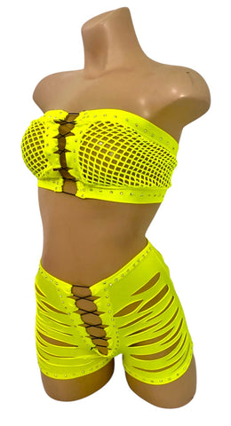 NEON YELLOW FISHNET SHORTS SET