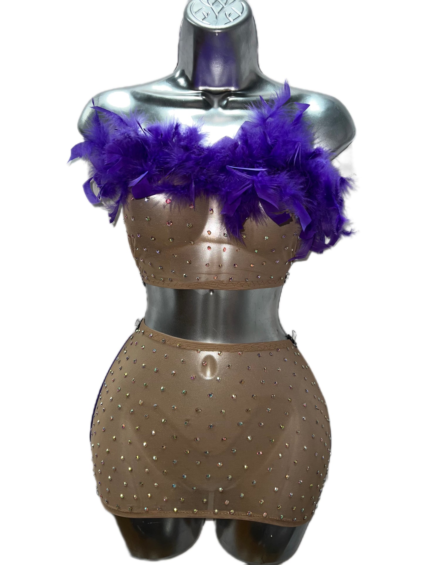 PURPLE FEATHER MESH SKIRT SET