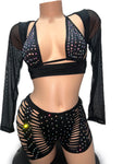 BLACK STRIPPED SHORTS W/ TRIANGLE TOP AND LONG SLEEVE CROP