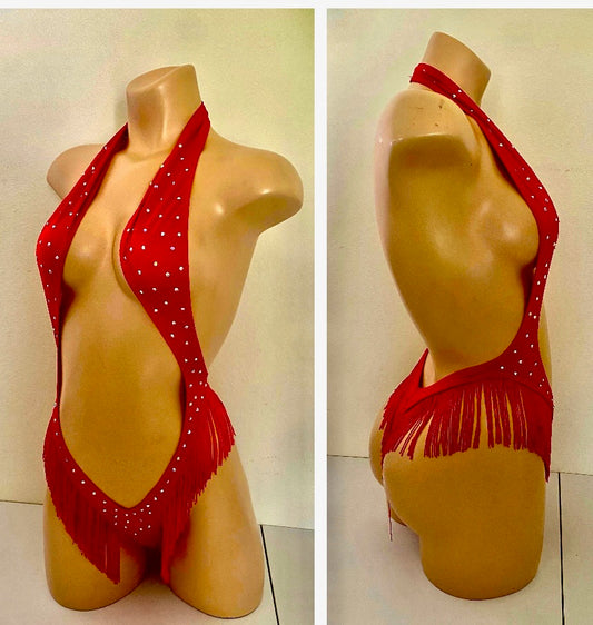 RED BODYSUIT WITH FRINGE