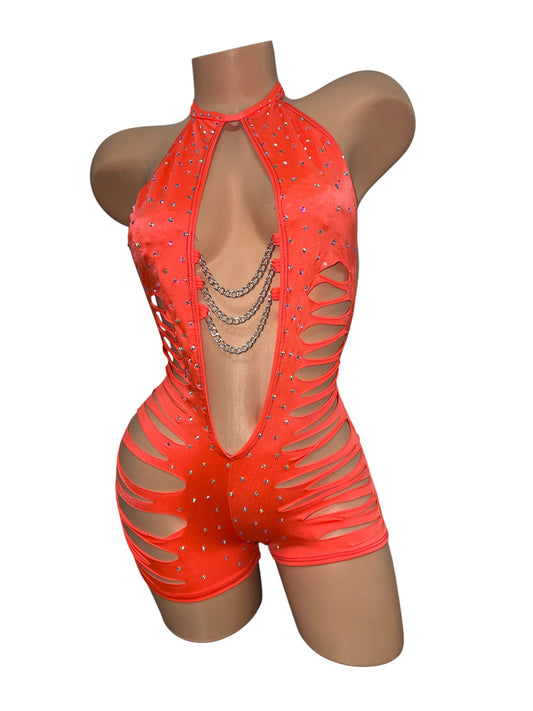 ORANGE SHORTS BODYSUIT WITH CHAIN