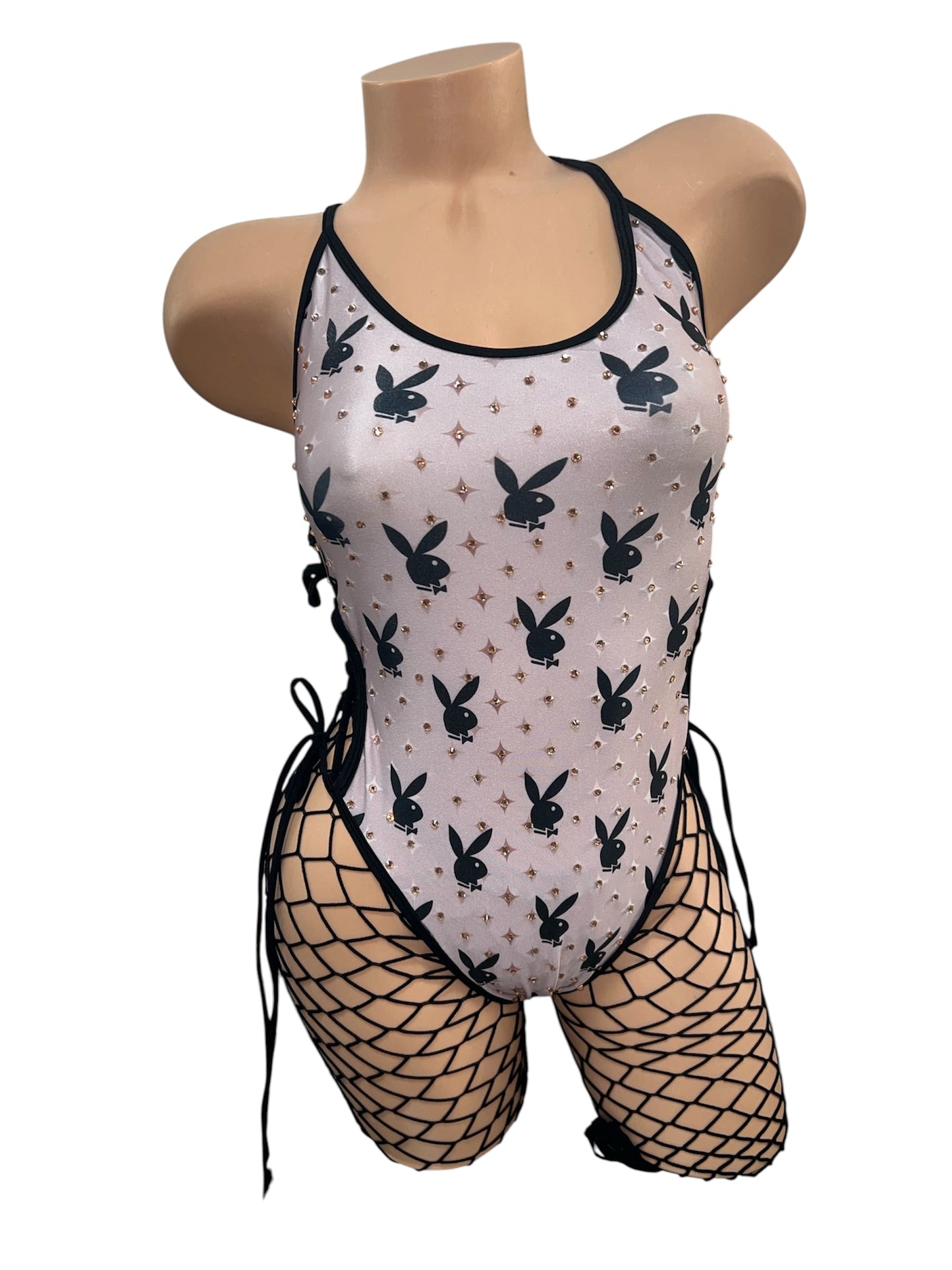 HELLO KITTY BODYSUIT WITH BLACK FISHNET TIGHTS