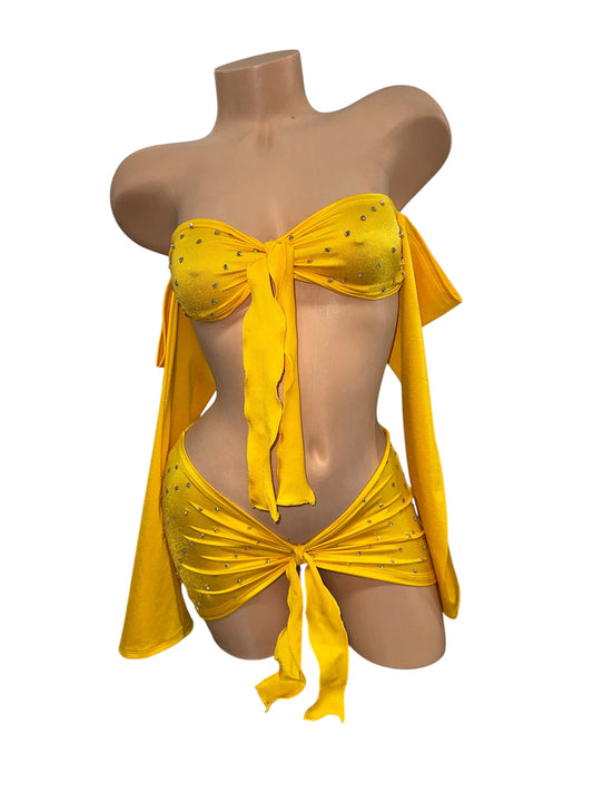 YELLOW TWO PIECE SKIRT SET WITH OFF THE SHOULDER SLEEVES