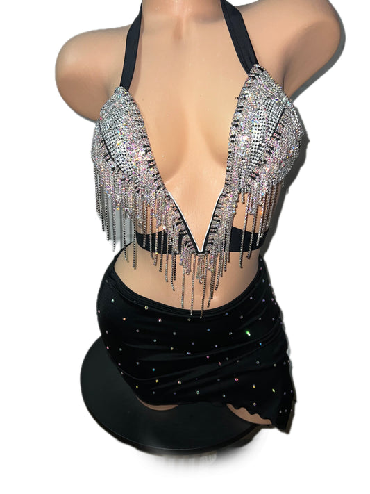 BLACK RHINESTONE BRA SKIRT SET