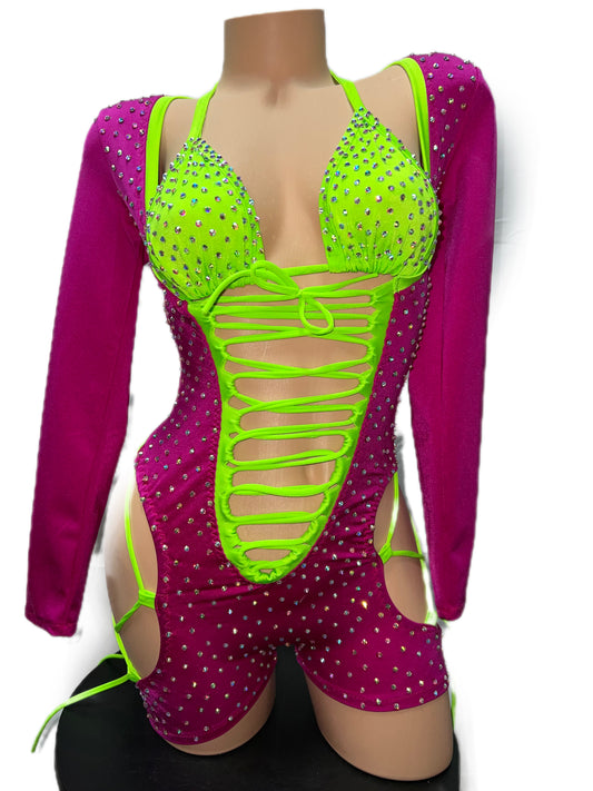NEON GREEN AND MAGENTA TWO PIECE
