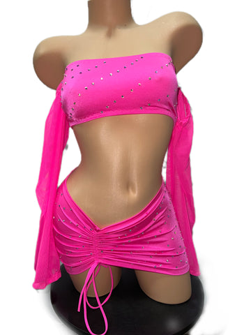 HOT PINK OFF THE SHOULDER SKIRT SET