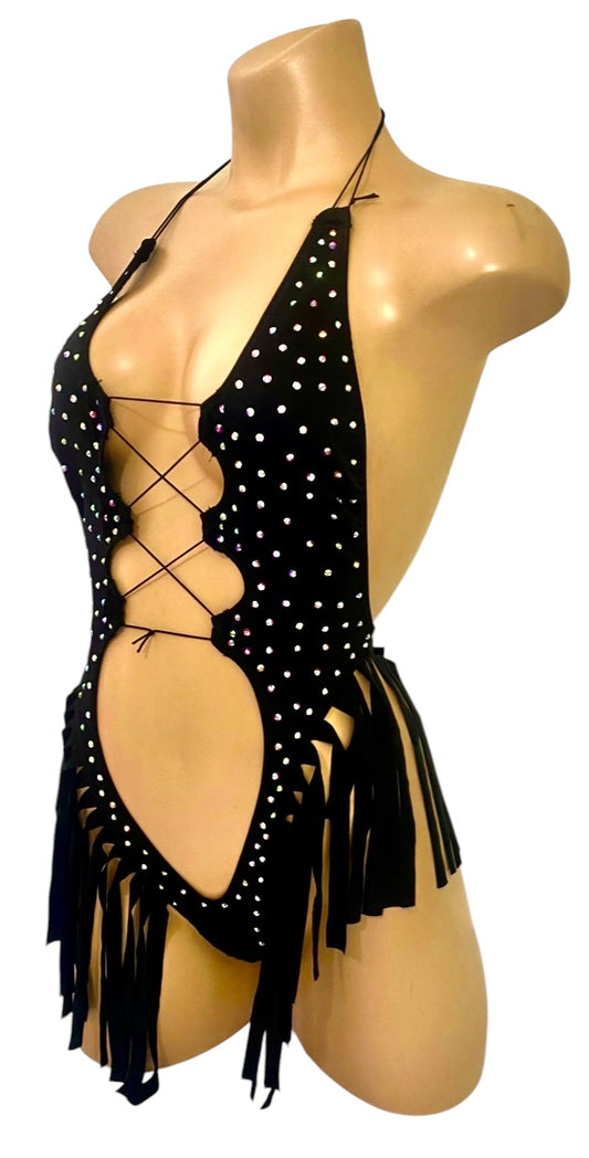 BLACK FRINGE BODYSUIT