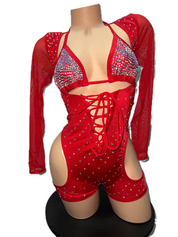 RED TWO PIECE WITH RHINESTONES