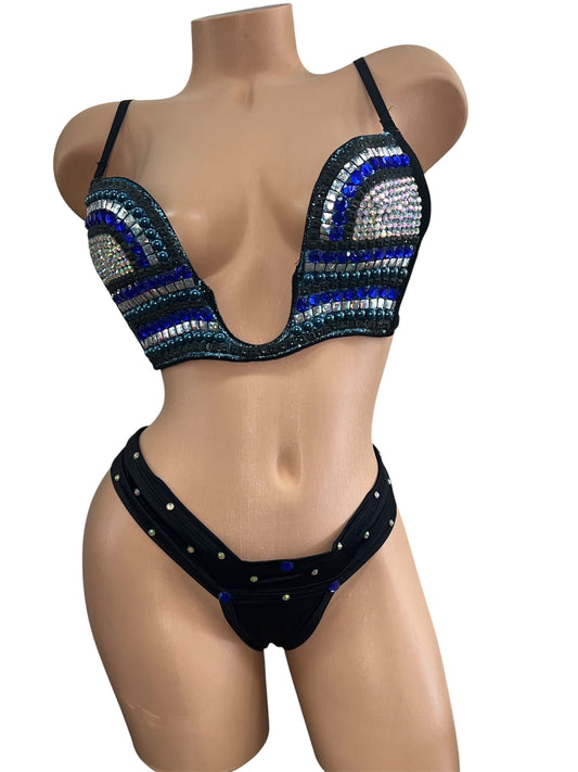 BLUE TWO PIECE RHINESTONE BRA SET