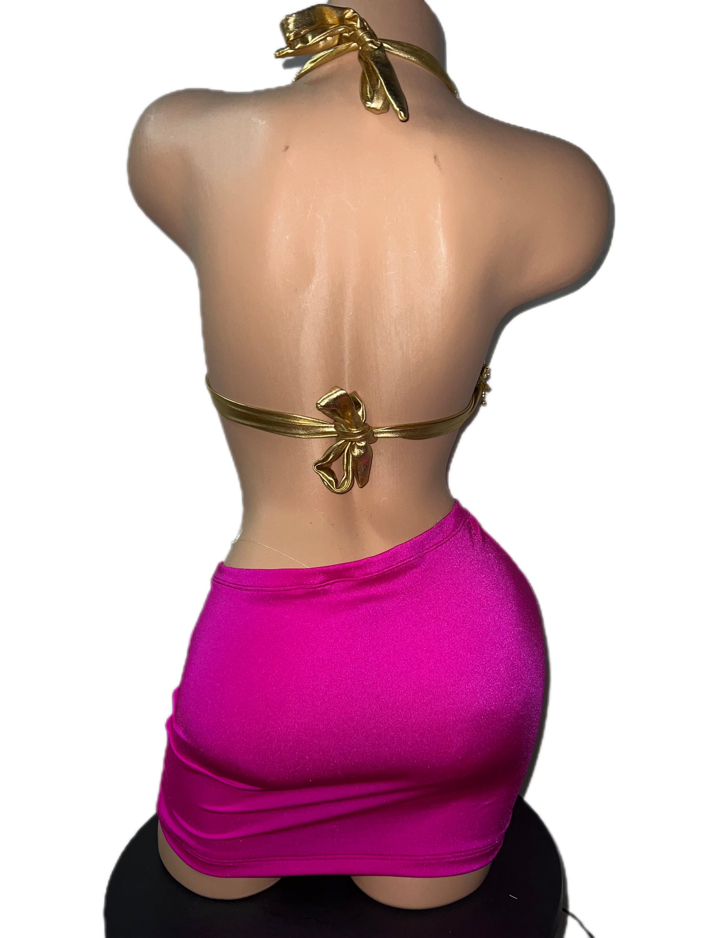 GOLD RHINESTONE BRA AND PINK SKIRT SET
