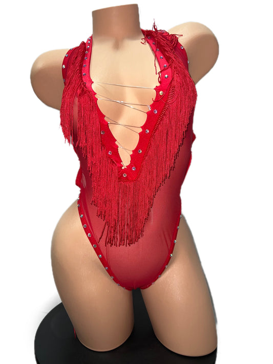 RED FRINGE BODYSUIT WITH BARE BACK ILLUSION