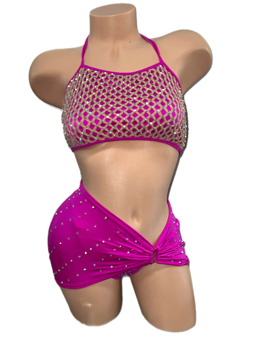 MAGENTA RHINESTONE SKIRT SET