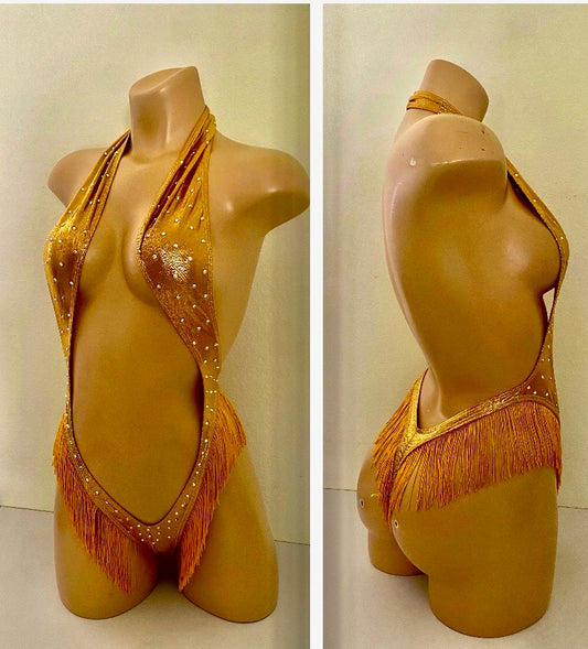 GOLD BODYSUIT WITH BURNT ORANGE FRINGE