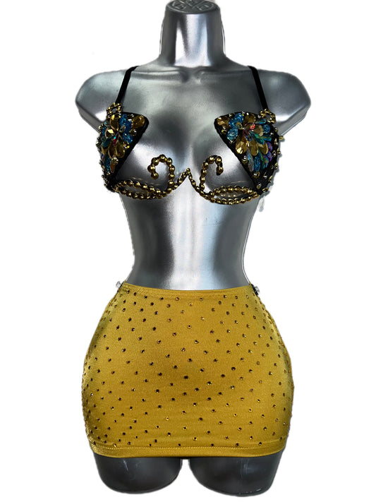 RHINESTONE BRA AND YELLOW SKIRT WITH RHINESTONES