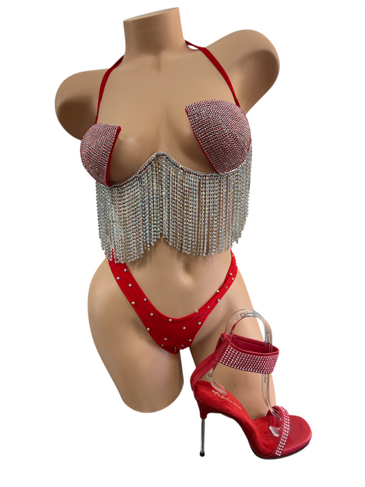 RED BRA SET WITH RHINESTONE FRINGE