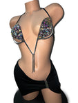 BLACK RHINESTONE BRA SKIRT SET