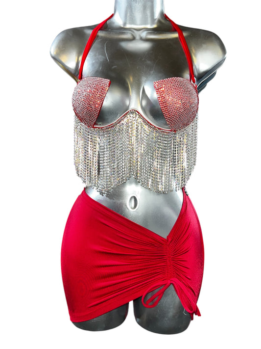 RED AND SILVER SKIRT SET