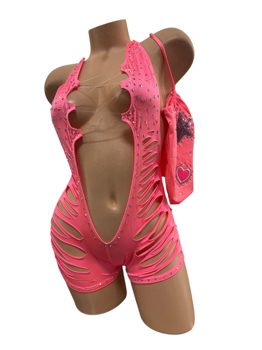PEACH SLICED BODYSUIT WITH MONEYBAG