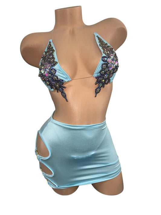 BABY BLUE RHINESTONE SKIRT SET WITH CUT OUT