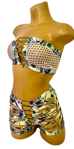 MONEY FISHNET SHORTS SET