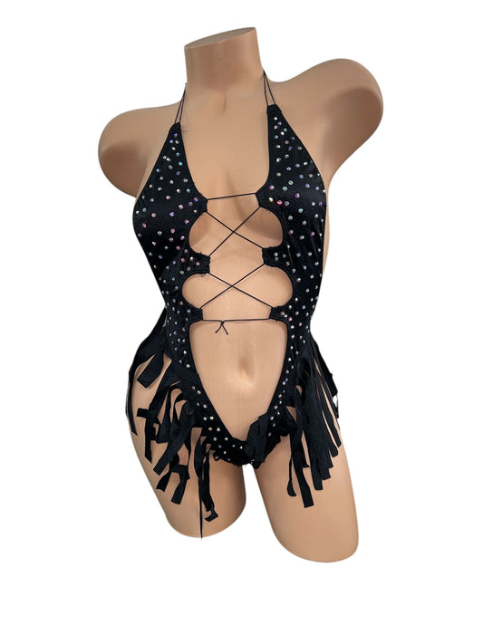 BLACK BODYSUIT WITH FRINGE
