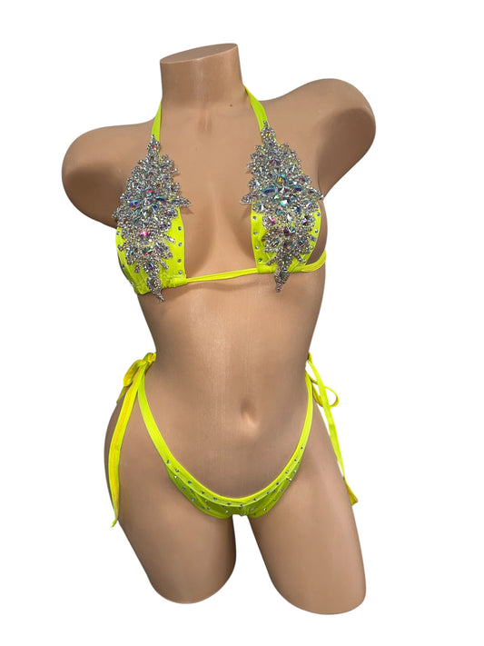 NEON YELLOW RHINESTONE TWO PIECE