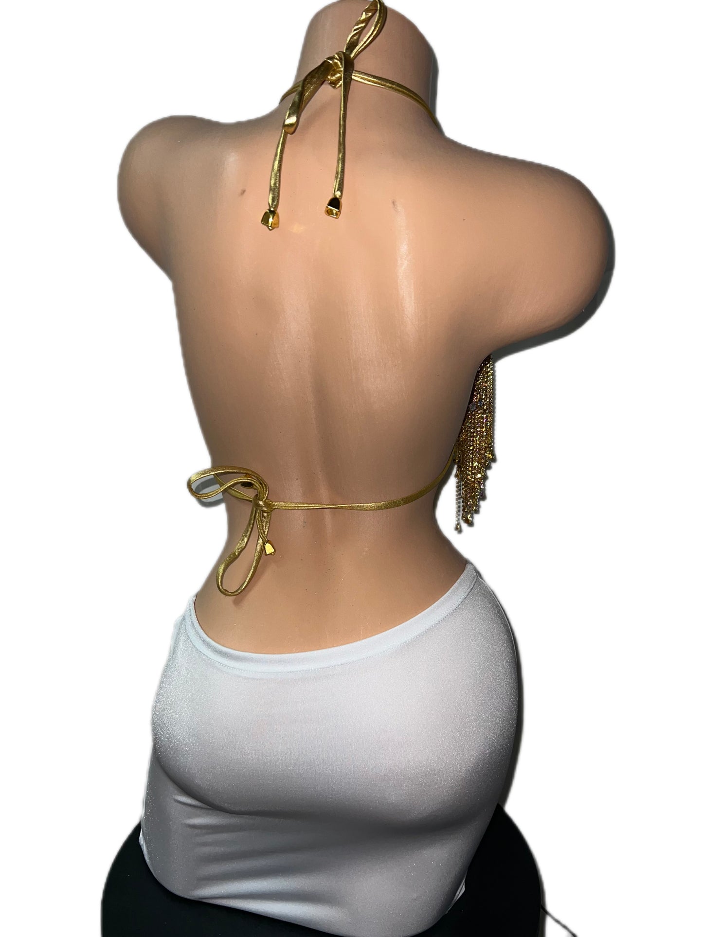 GOLD RHINESTONE BRA AND WHITE SKIRT SET