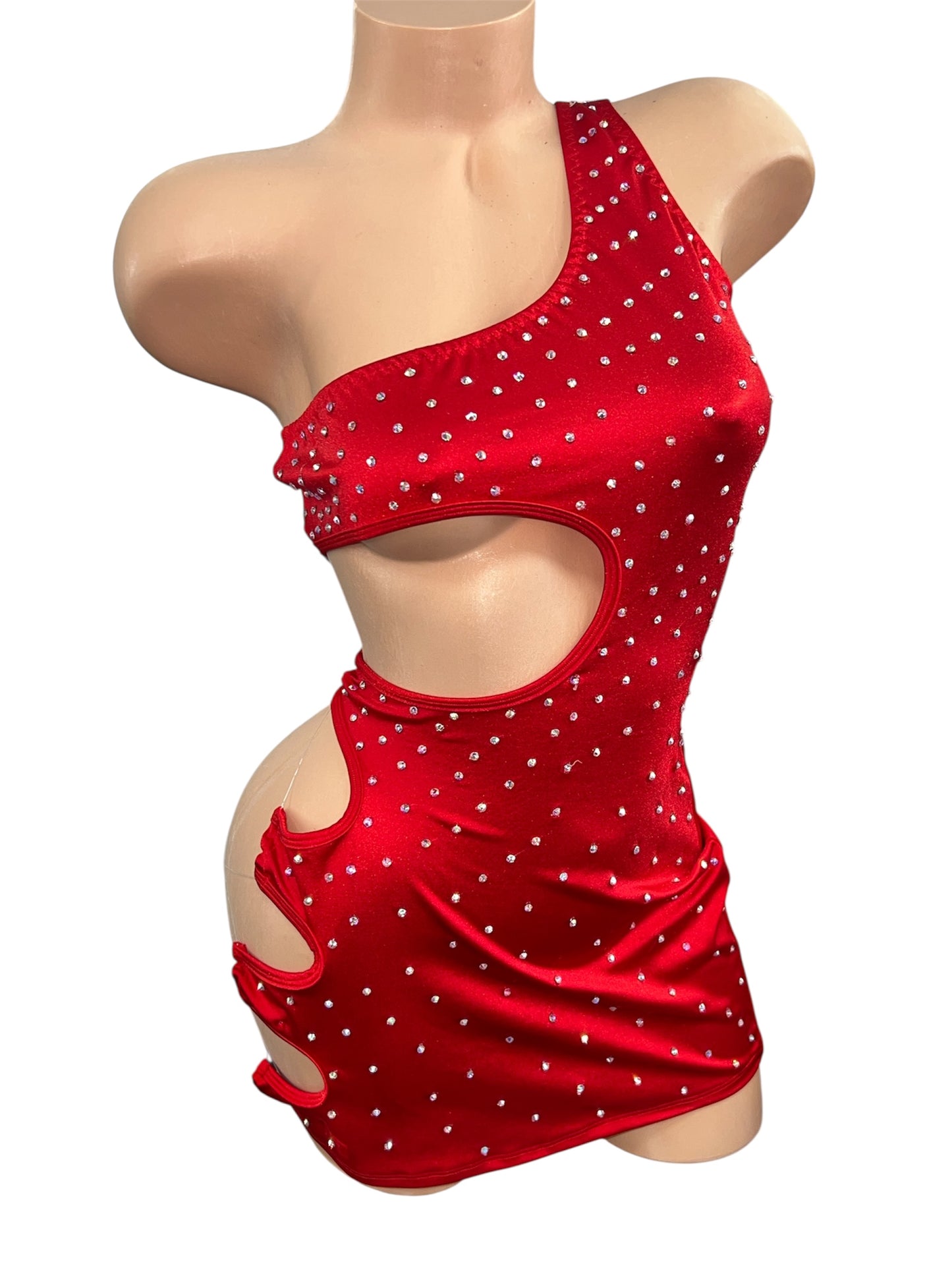 RED CUT OUR DRESS WITH RHINESTONES