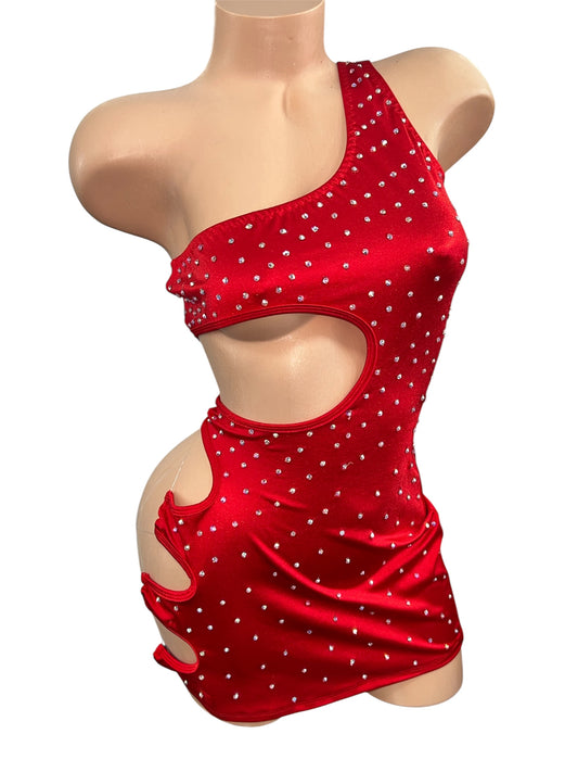 RED CUT OUR DRESS WITH RHINESTONES