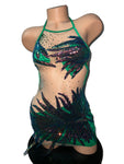 GREEN AND PURPLE MESH FEATHER DRESS