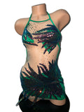 GREEN AND PURPLE MESH FEATHER DRESS