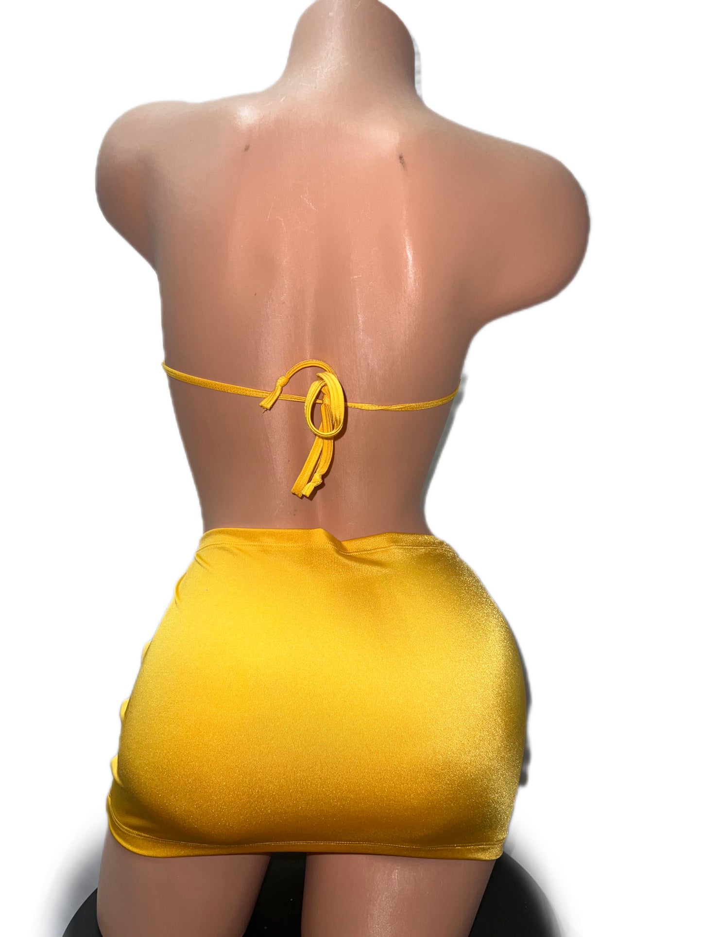 YELLOW SKIRT SET WITH FISHNET STRAPLESS TOP