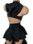 BLACK TWO PIECE SKIRT SET WITH HOOD