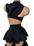 BLACK TWO PIECE SKIRT SET WITH HOOD