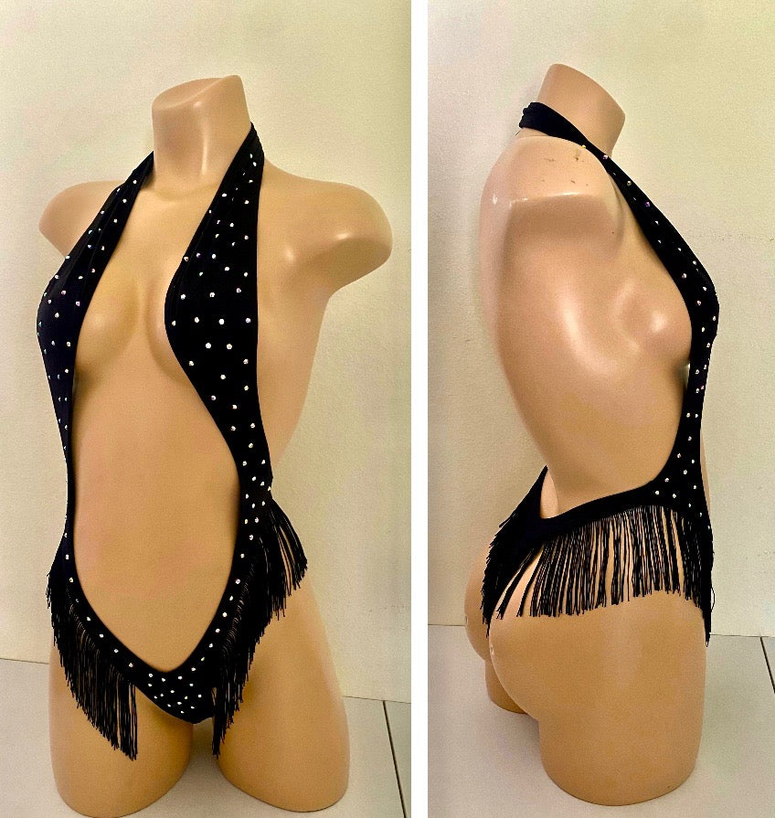 BLACK BODYSUIT WITH FRINGE