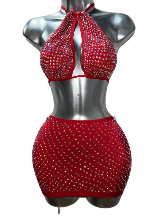 RED RHINESTONE SKIRT SET