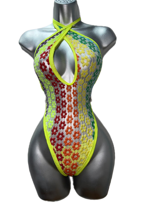 COLORFUL FLOWER MESH BODYSUIT