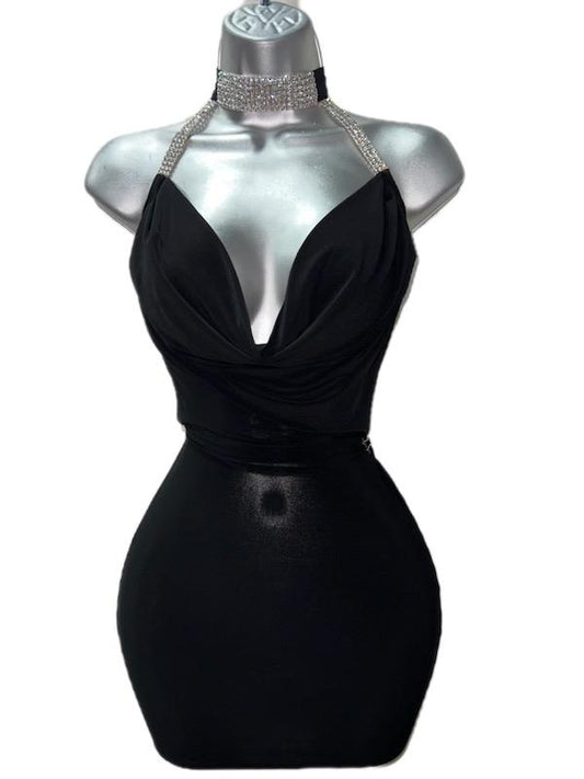 BLACK DRESSS WITH RHINESTONE STRAPS