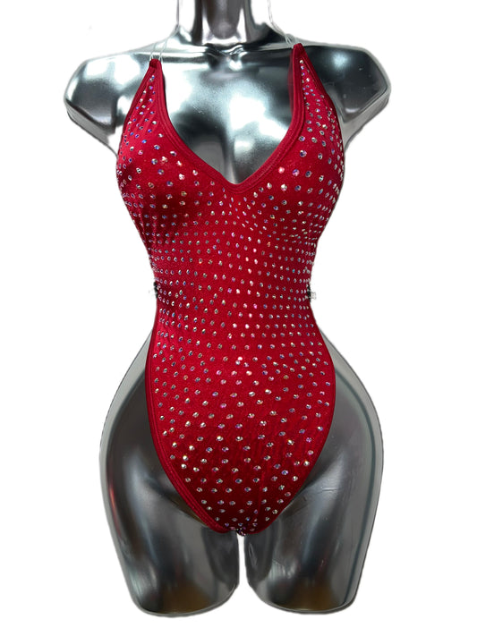 RED BODYSUIT WITH RHINESTONES