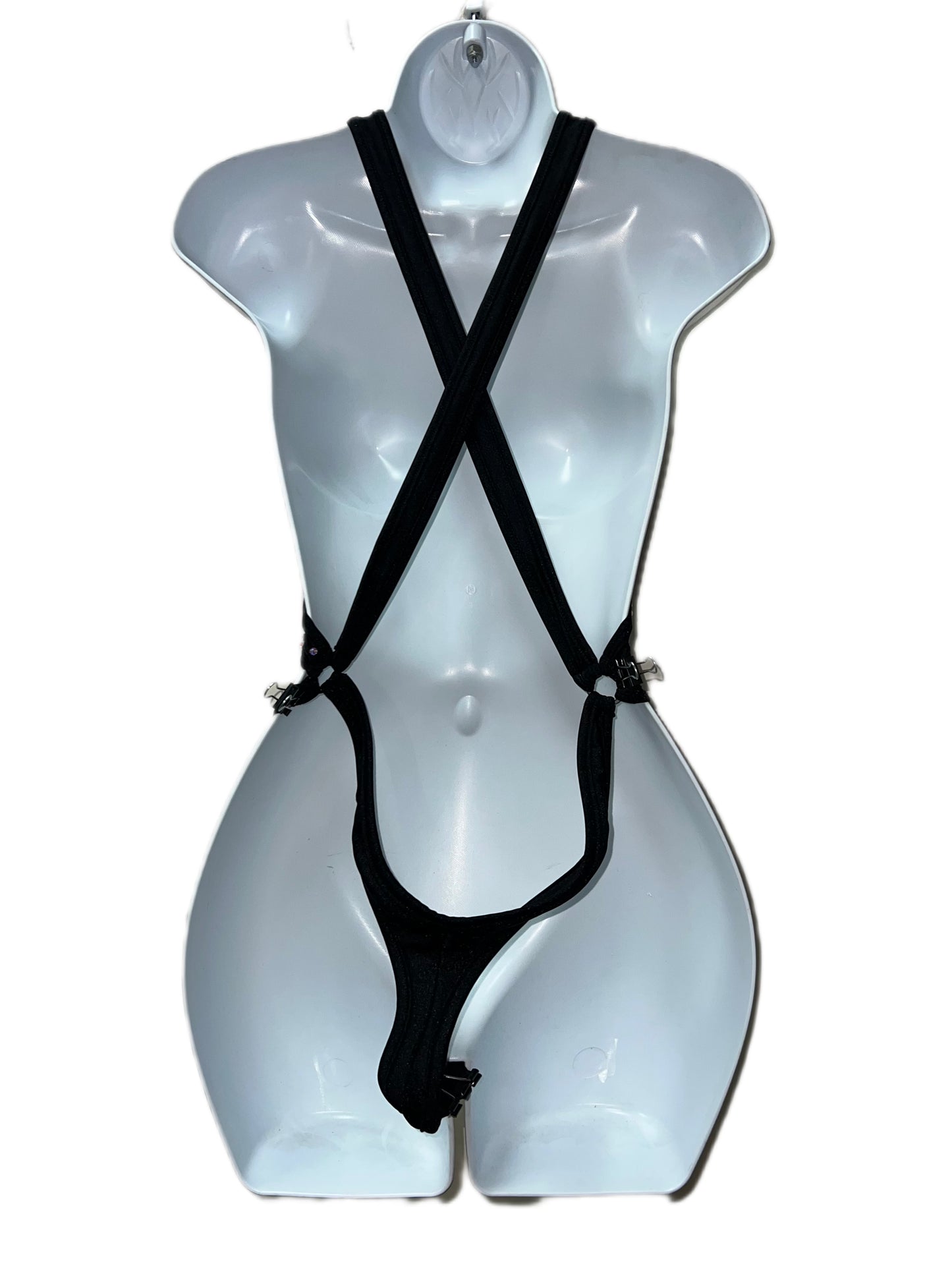 BLACK ONE PIECE WITH SILVER CHAINS