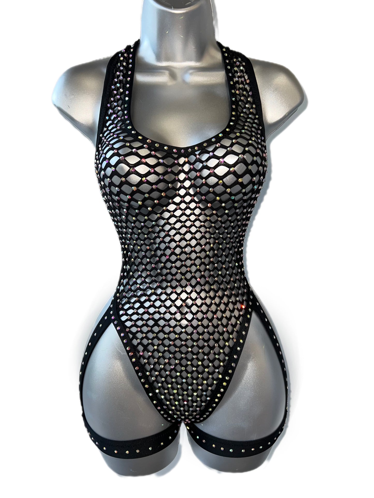 BLACK FISHNET BODYSUIT WITH CHAPS