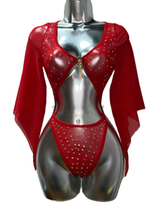 RED DRAPE SLEEVES ONE PIECE