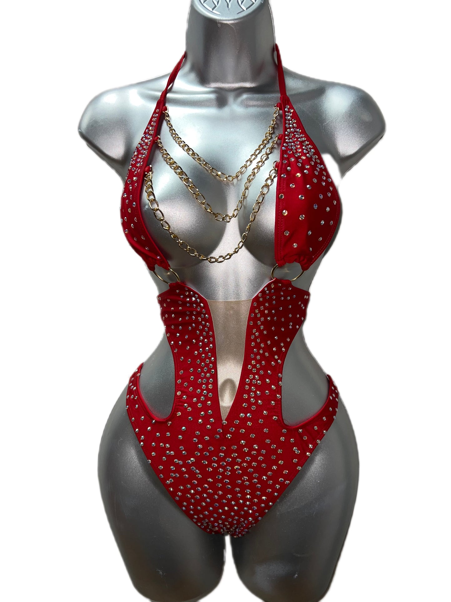 RED BODYSUIT WITH CHAINS