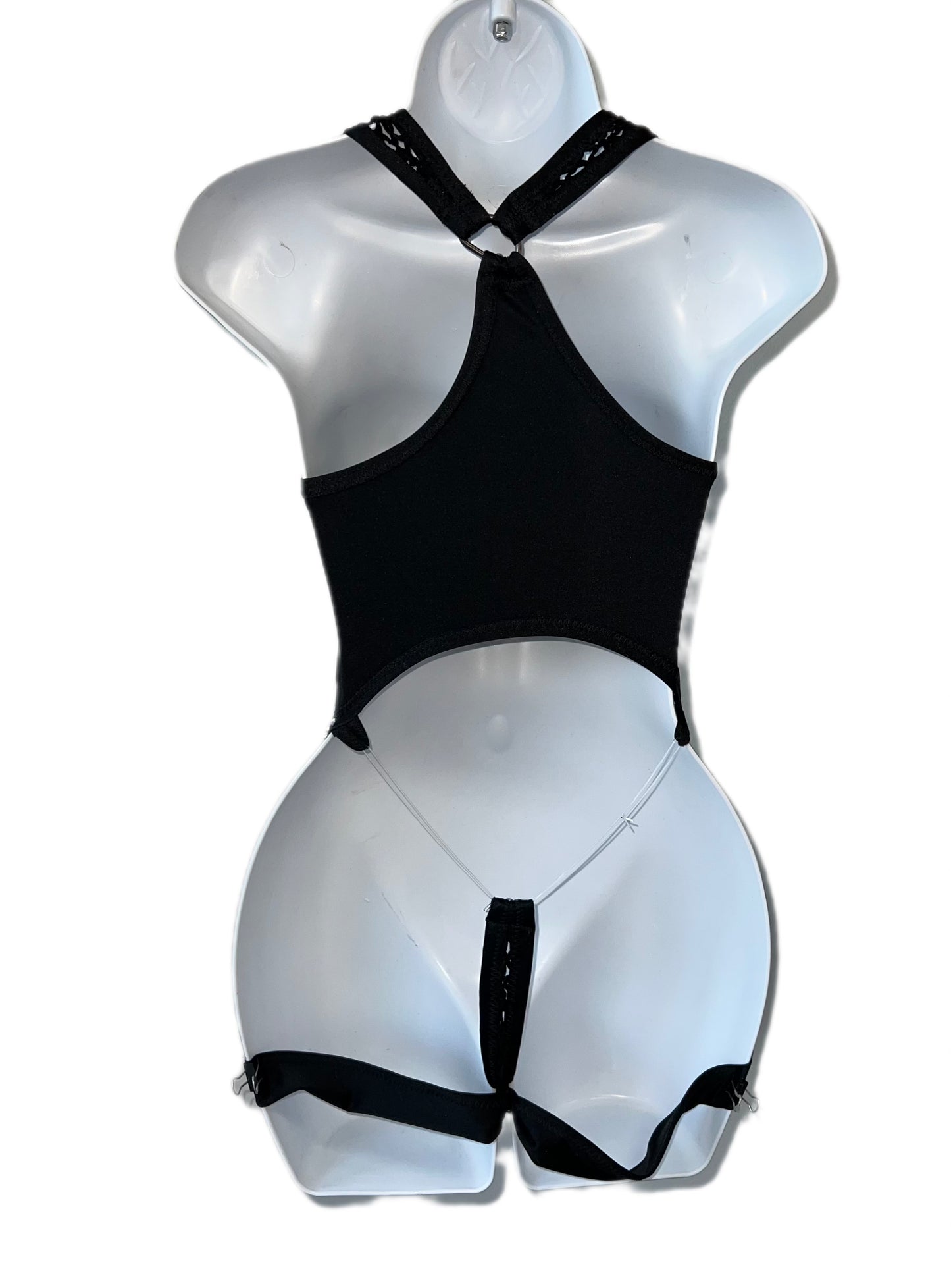 BLACK FISHNET BODYSUIT WITH CHAPS