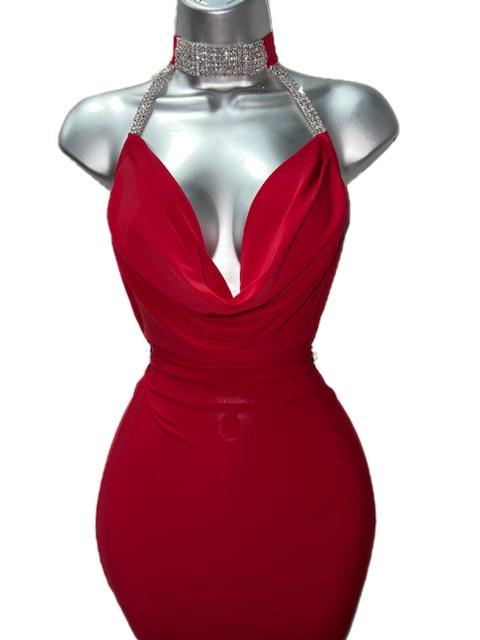 RED DRESS WITH RHINESTONE STRAPS