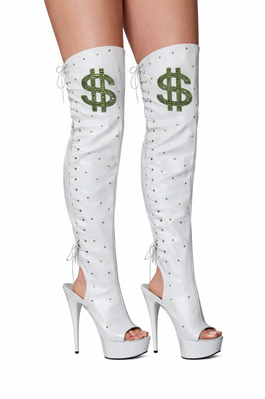 MONEY SIGN RHINESTONE THIGH HIGHBOOT